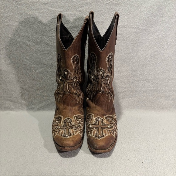 Sergal Womens Cutout Sequin Cross and Angel Wings Western Pull on Brown Boots 9 - Picture 2 of 9
